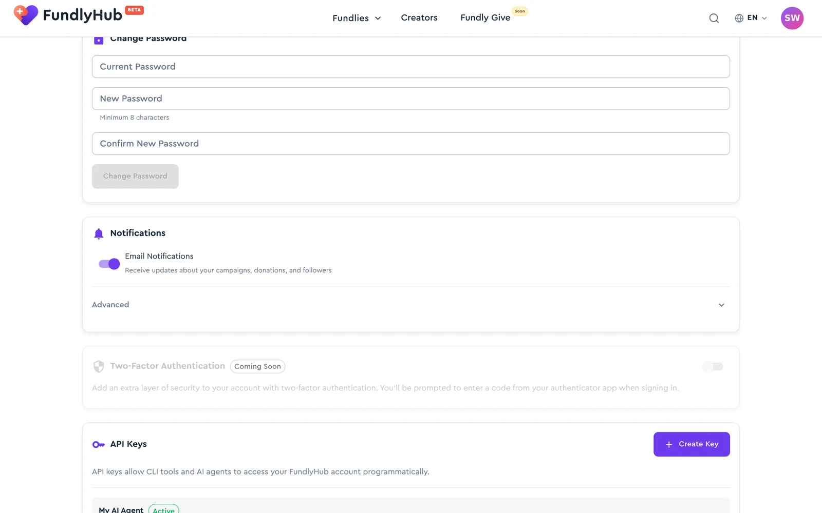 The Notifications section with the master email toggle and the Advanced sub-toggles