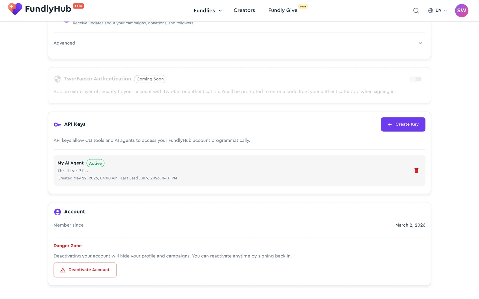 The API Keys section and the Account section with the Danger Zone