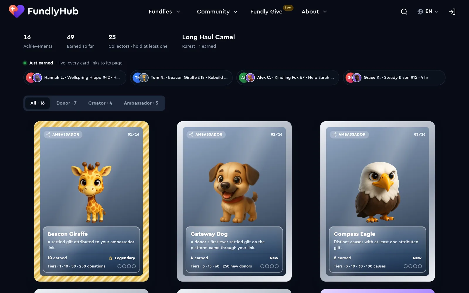 The achievements catalogue: the catalogue in numbers, the Just earned row, the track tabs and the first achievement cards