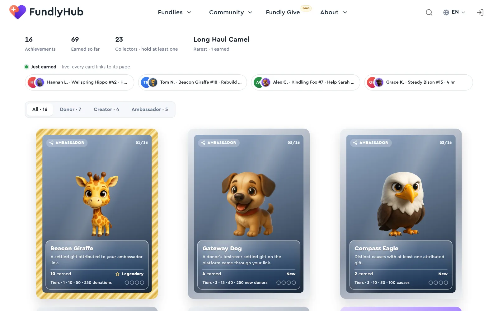 The achievements catalogue: the catalogue in numbers, the Just earned row, the track tabs and the first achievement cards