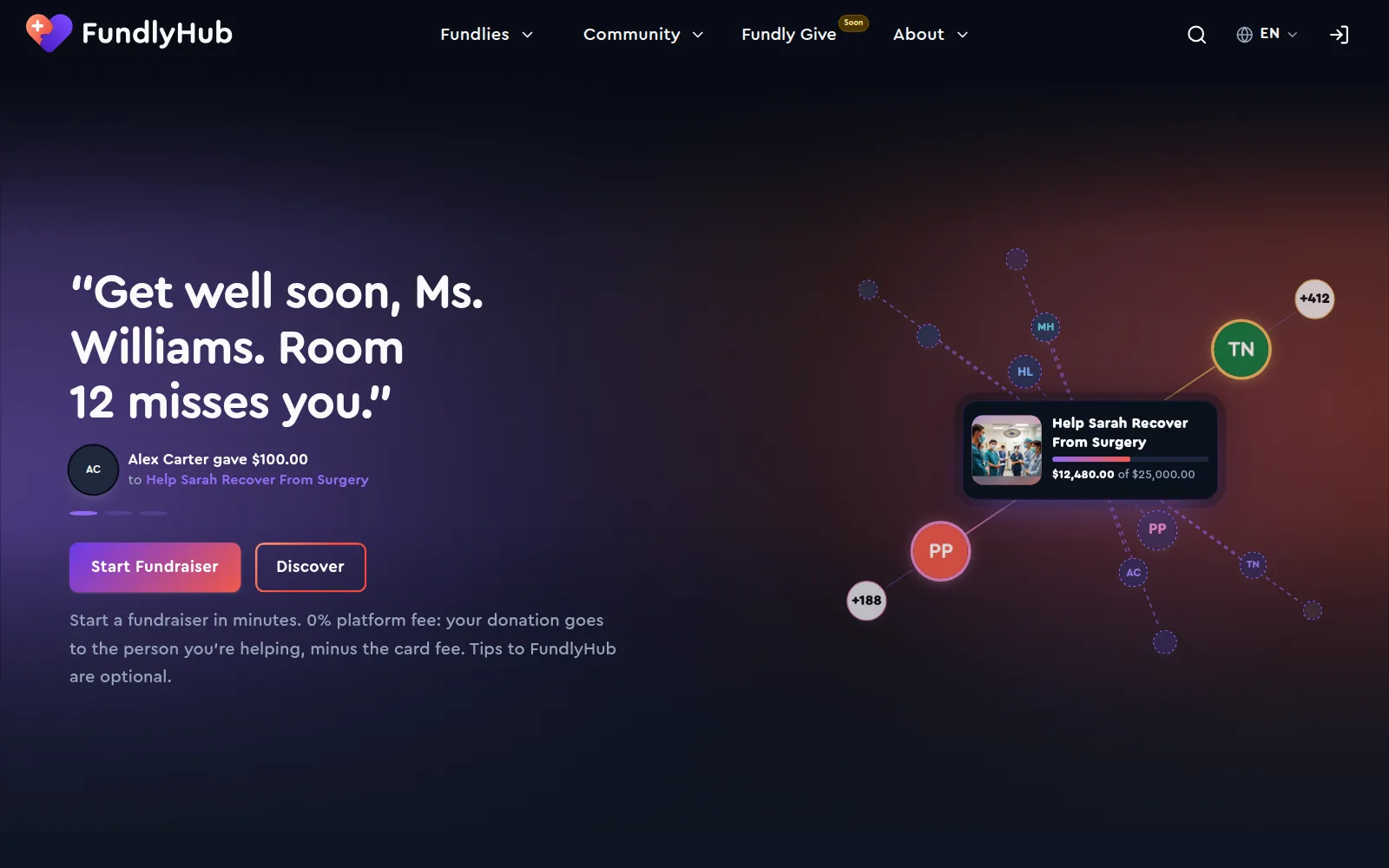 The FundlyHub home page with the Start Fundraiser button