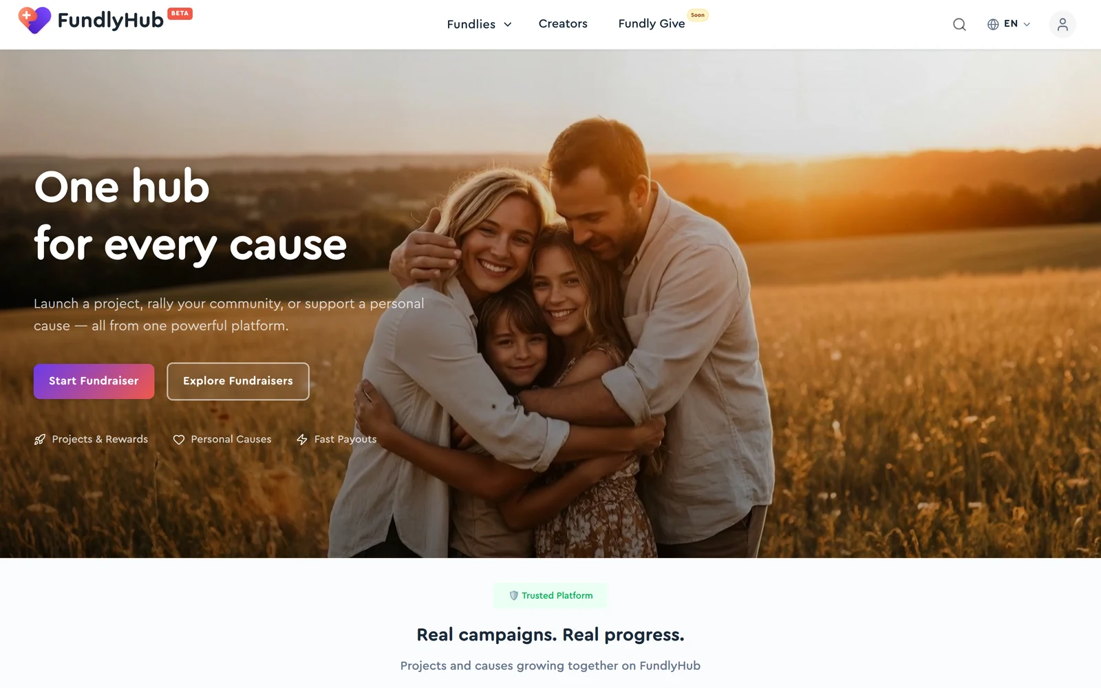 FundlyHub homepage with the Start Fundraiser call-to-action