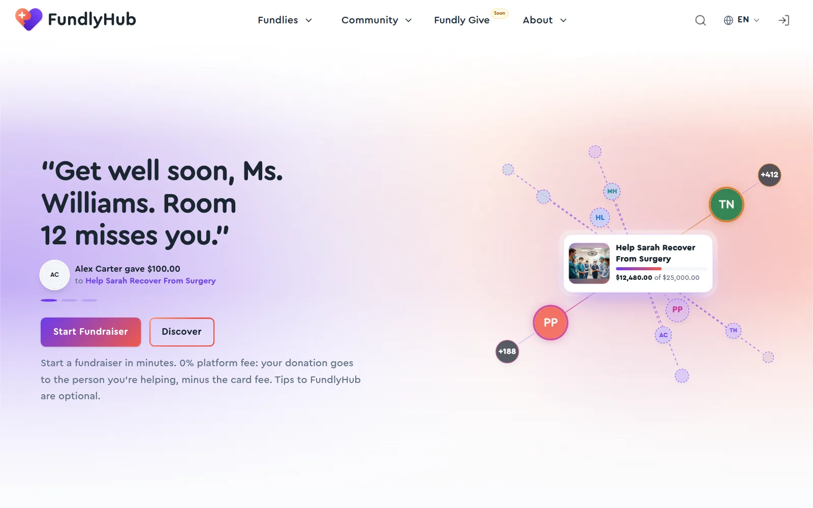 The FundlyHub home page with the Start Fundraiser button