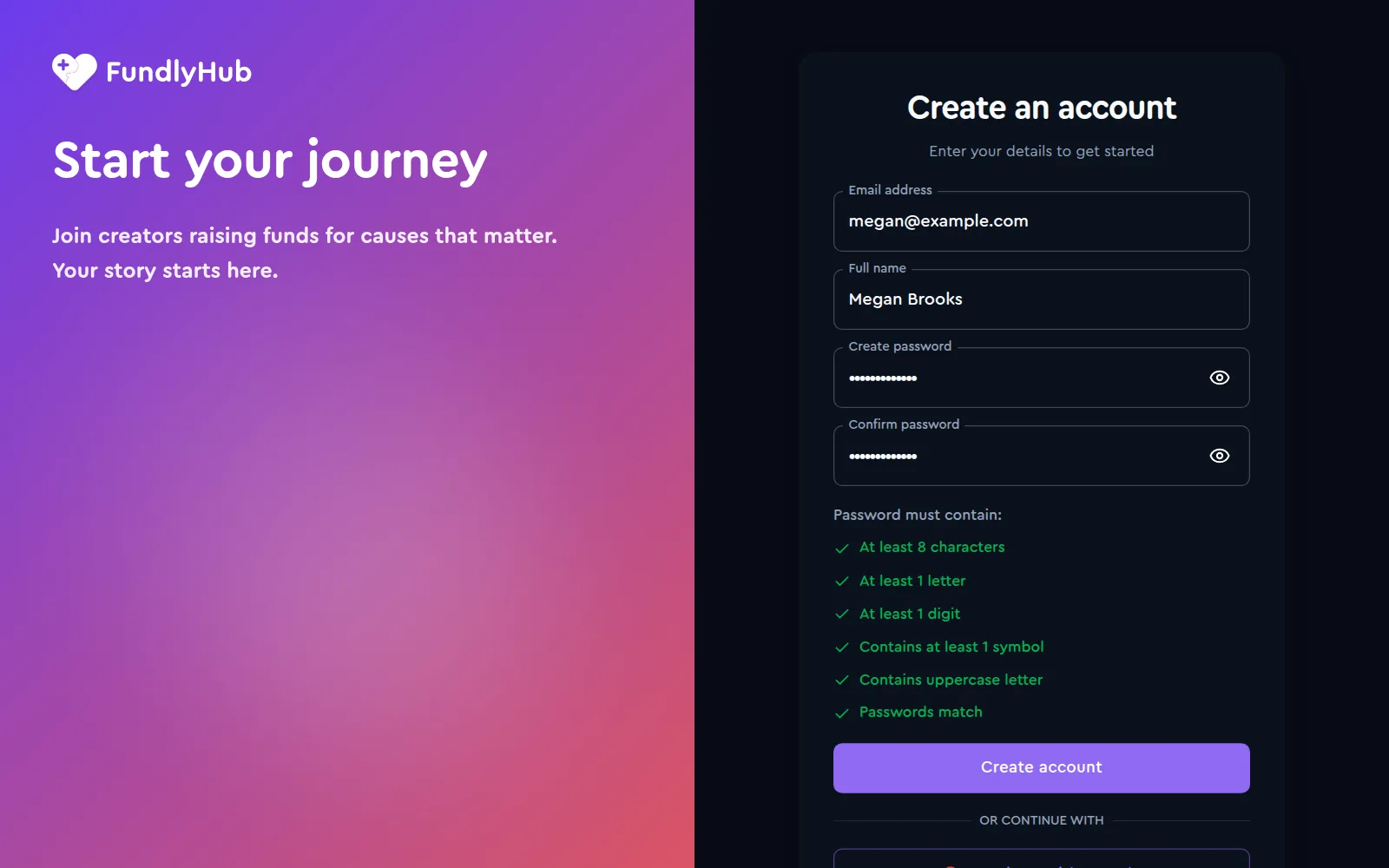 The Create an account form with every password rule ticked