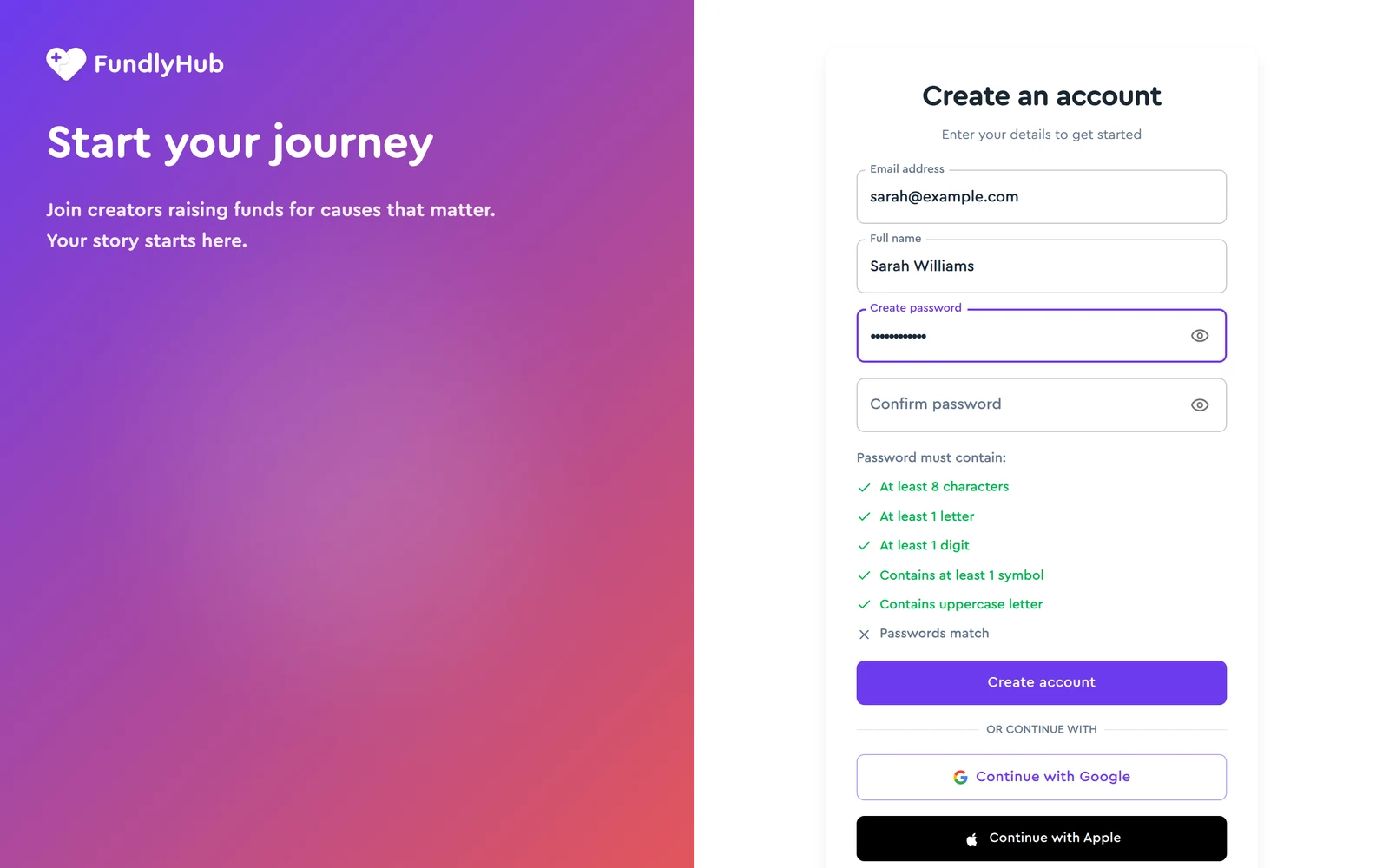 Create account form with real-time password validation