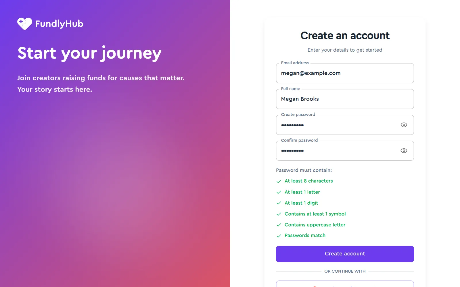 The Create an account form with every password rule ticked