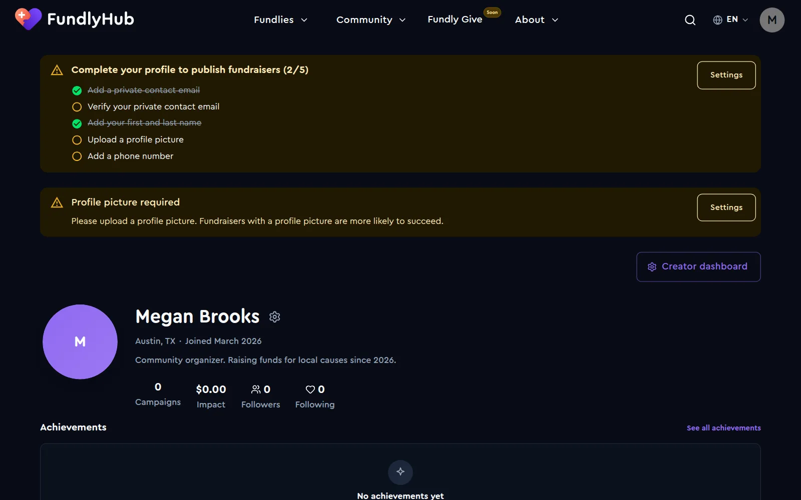 The profile page with the Complete your profile to publish fundraisers checklist at 2 of 5