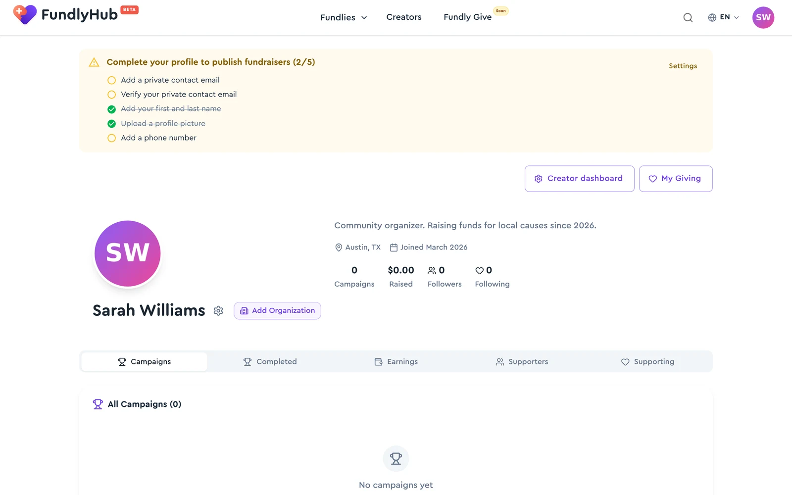 Profile page with the completion checklist banner showing 2 of 5 items done