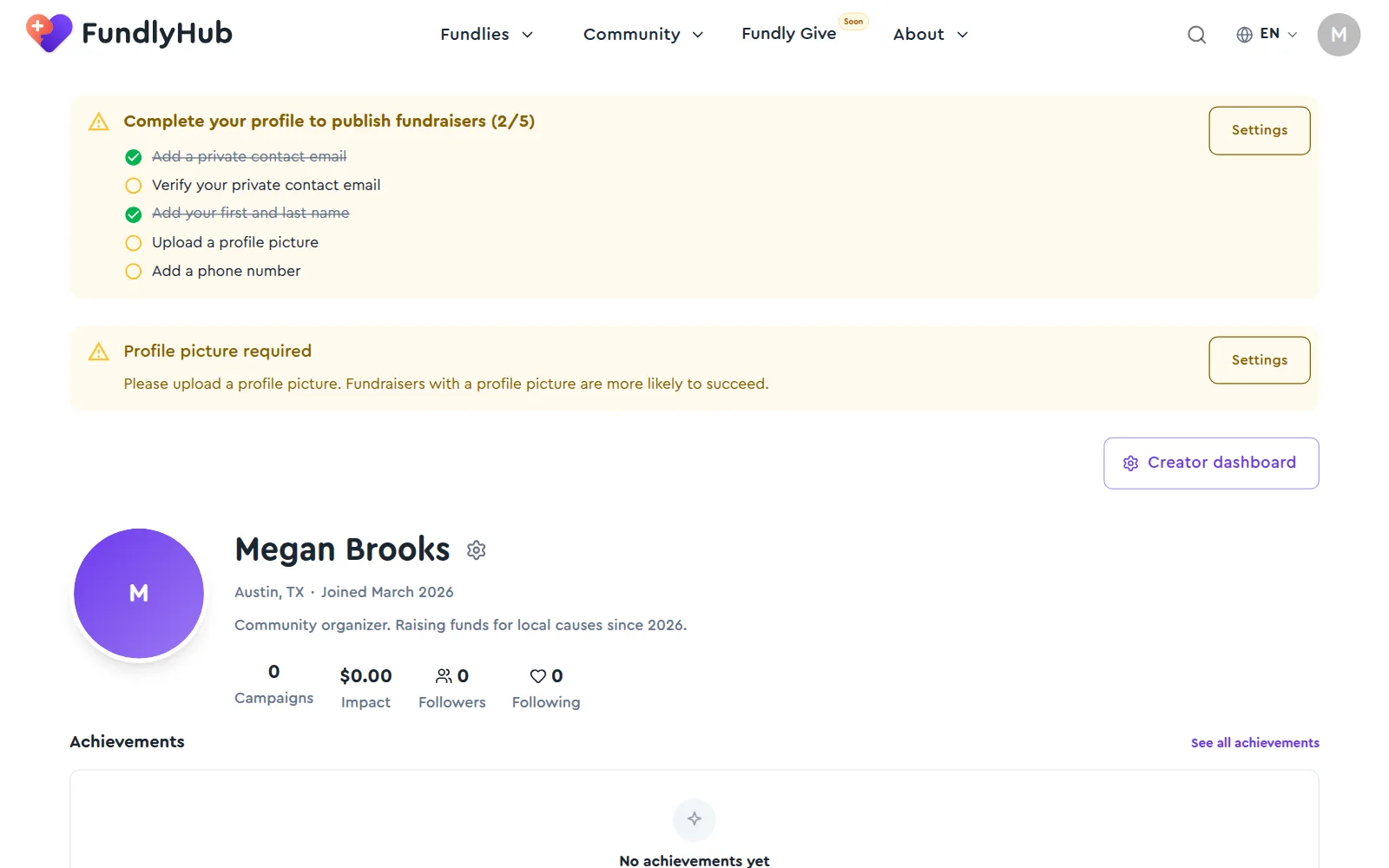 The profile page with the Complete your profile to publish fundraisers checklist at 2 of 5