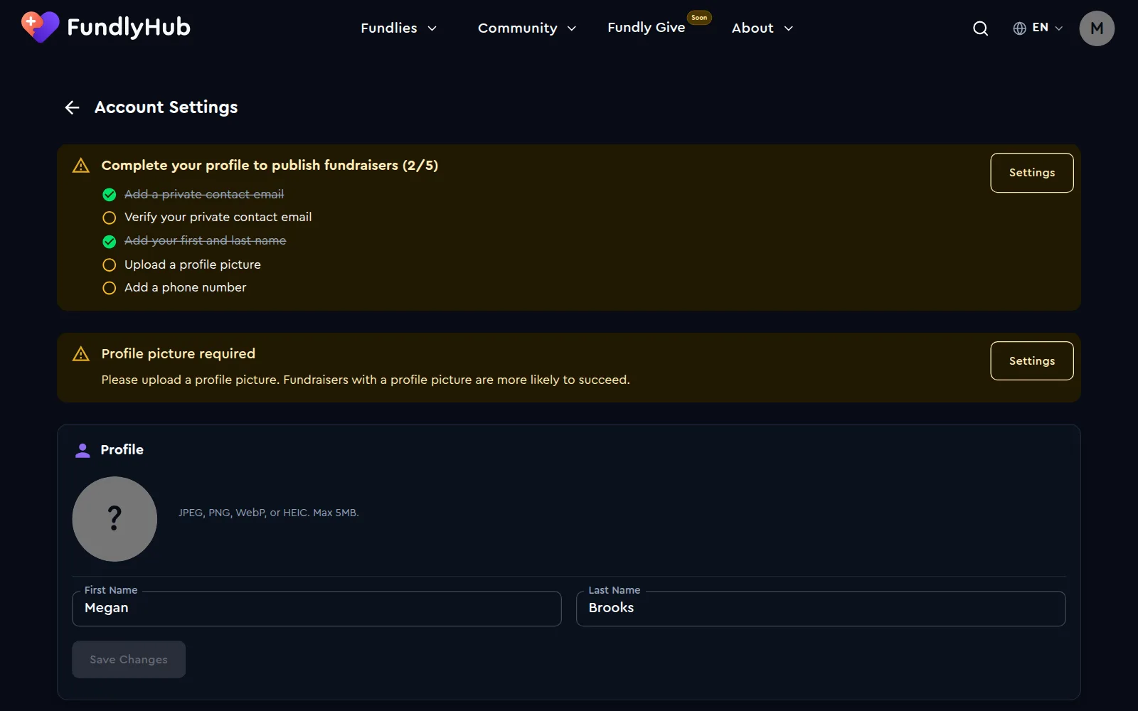 Account settings with the checklist and the name and photo fields