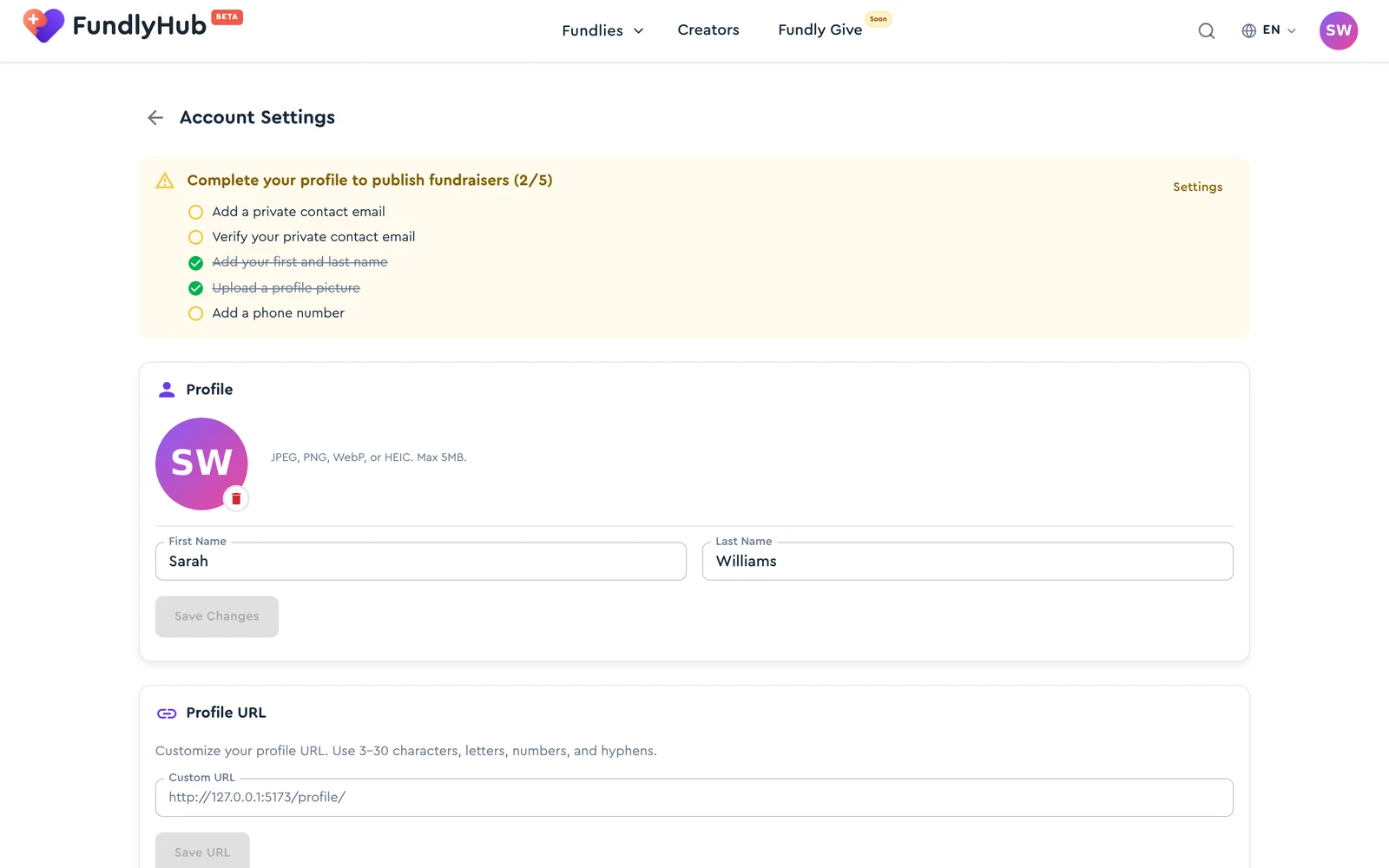 Account settings showing the name and avatar fields