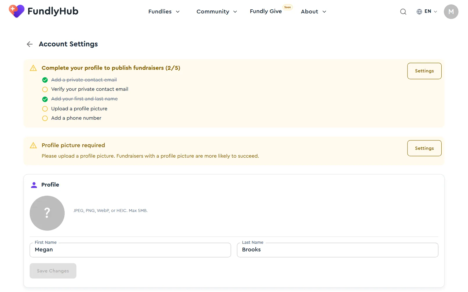 Account settings with the checklist and the name and photo fields