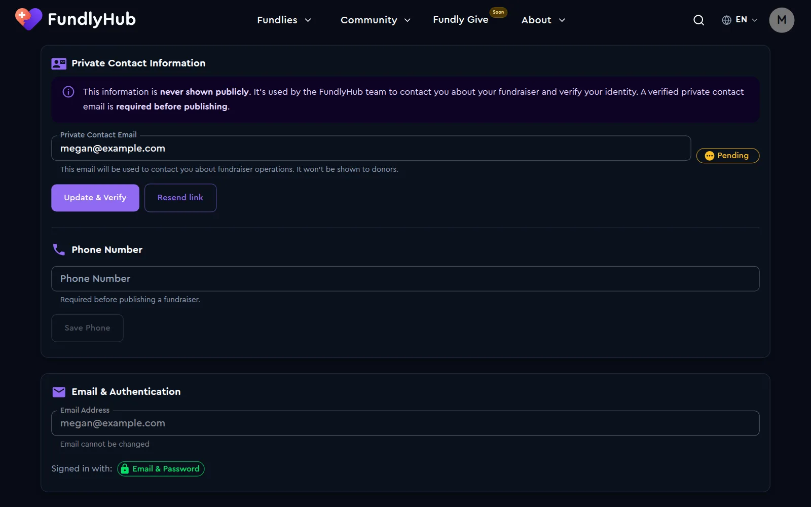 The Private Contact Information section with the email pending verification and the phone number field