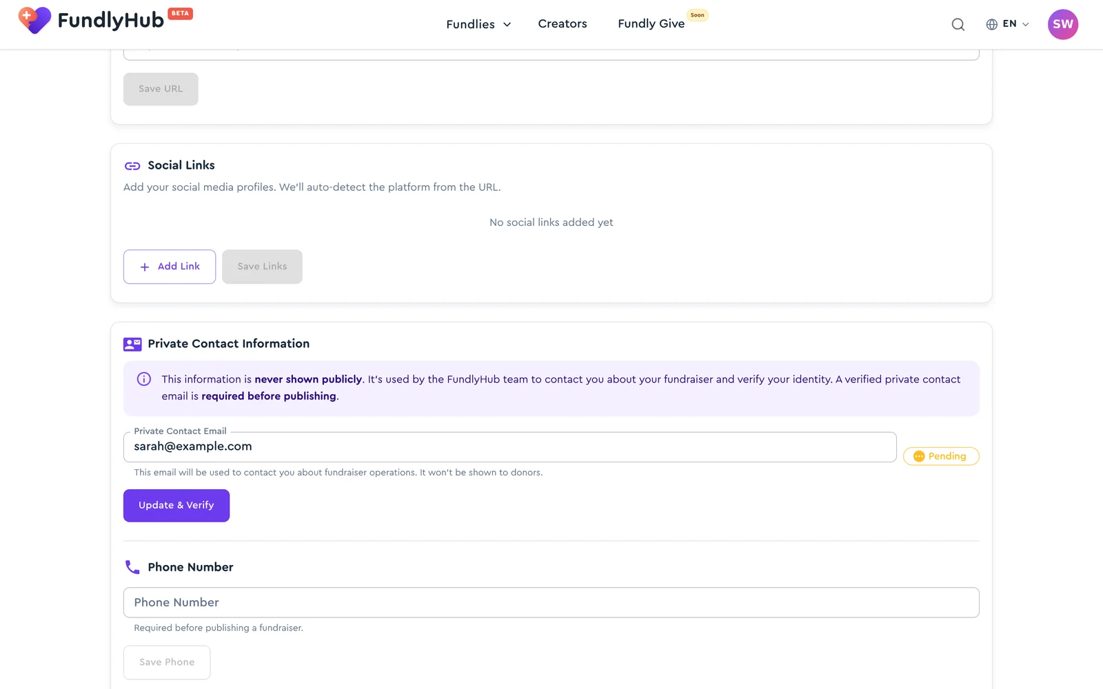 Private contact information and phone number sections in settings