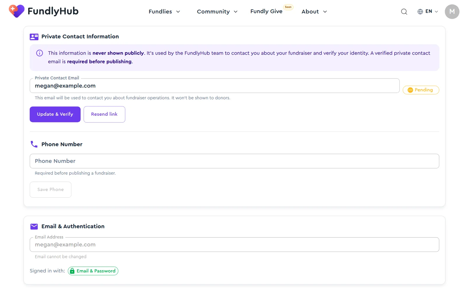 The Private Contact Information section with the email pending verification and the phone number field
