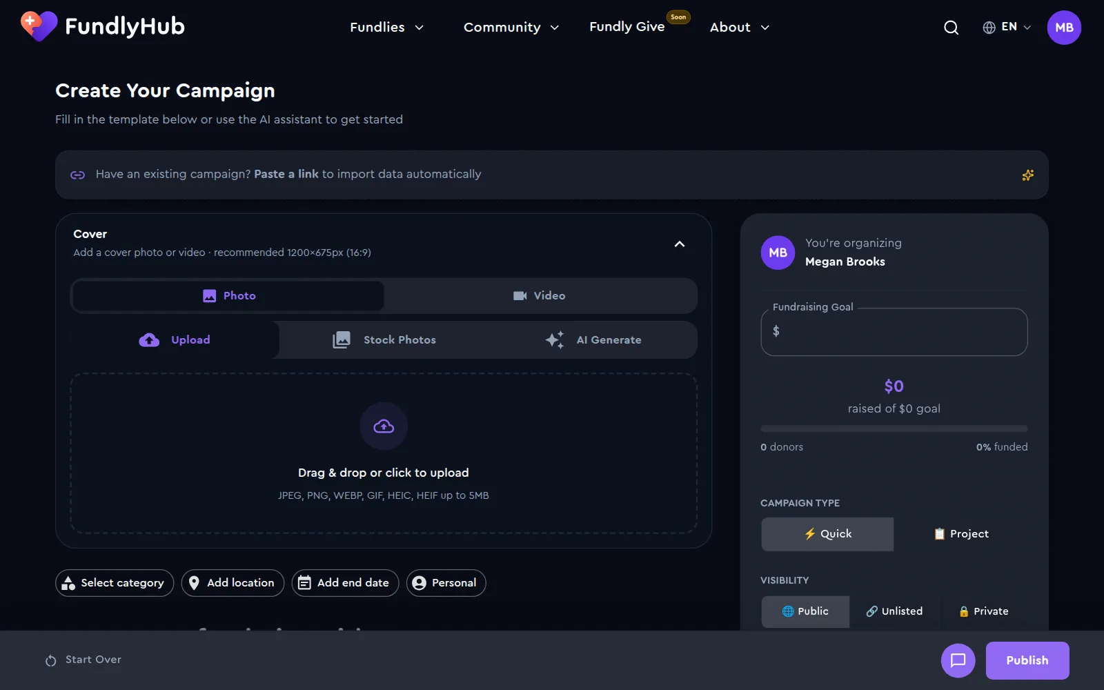 The campaign builder: the import banner, the cover, the detail chips, and the sidebar with the goal, the campaign type and the visibility