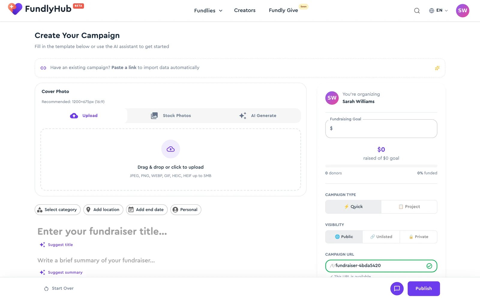 The campaign builder: cover photo, detail chips, title, and the sidebar with goal, type, visibility, and URL