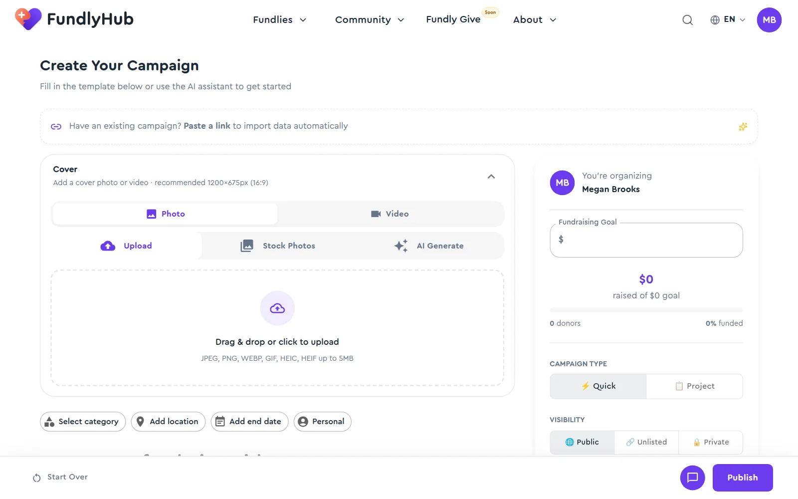 The campaign builder: the import banner, the cover, the detail chips, and the sidebar with the goal, the campaign type and the visibility