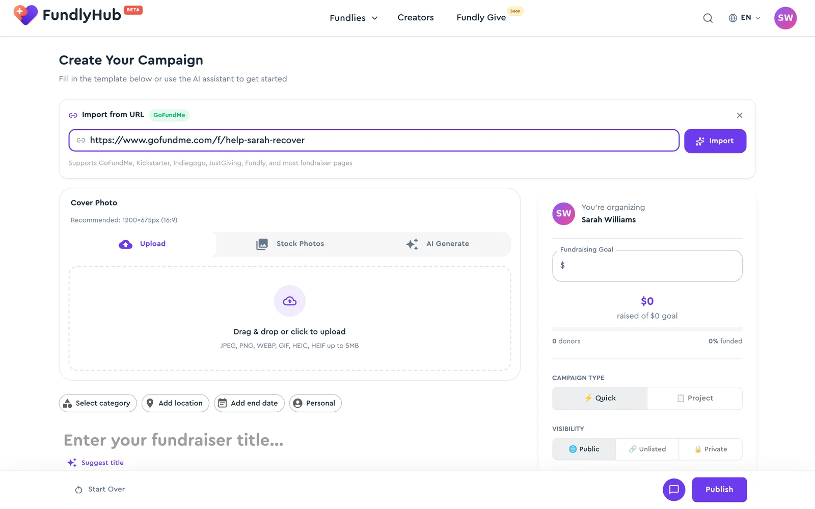 Import from URL panel with a GoFundMe link entered and the Import button active