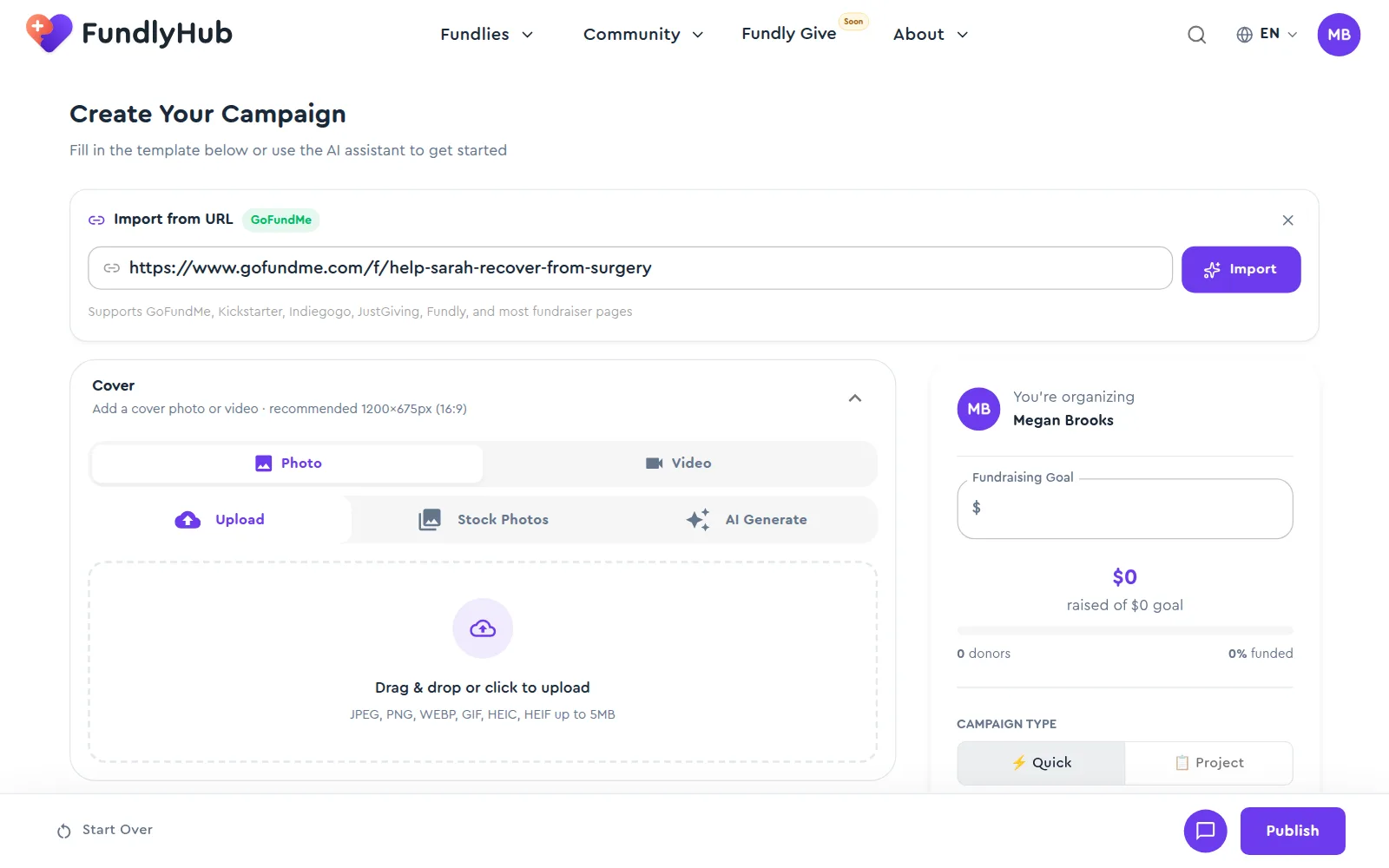 Import from URL with a GoFundMe link typed in and the Import button
