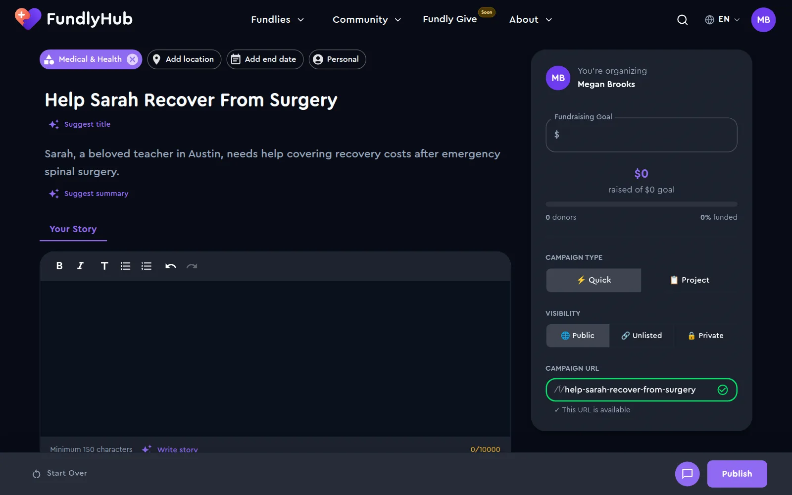 The builder with a title and summary filled in, the category detected and the campaign URL available
