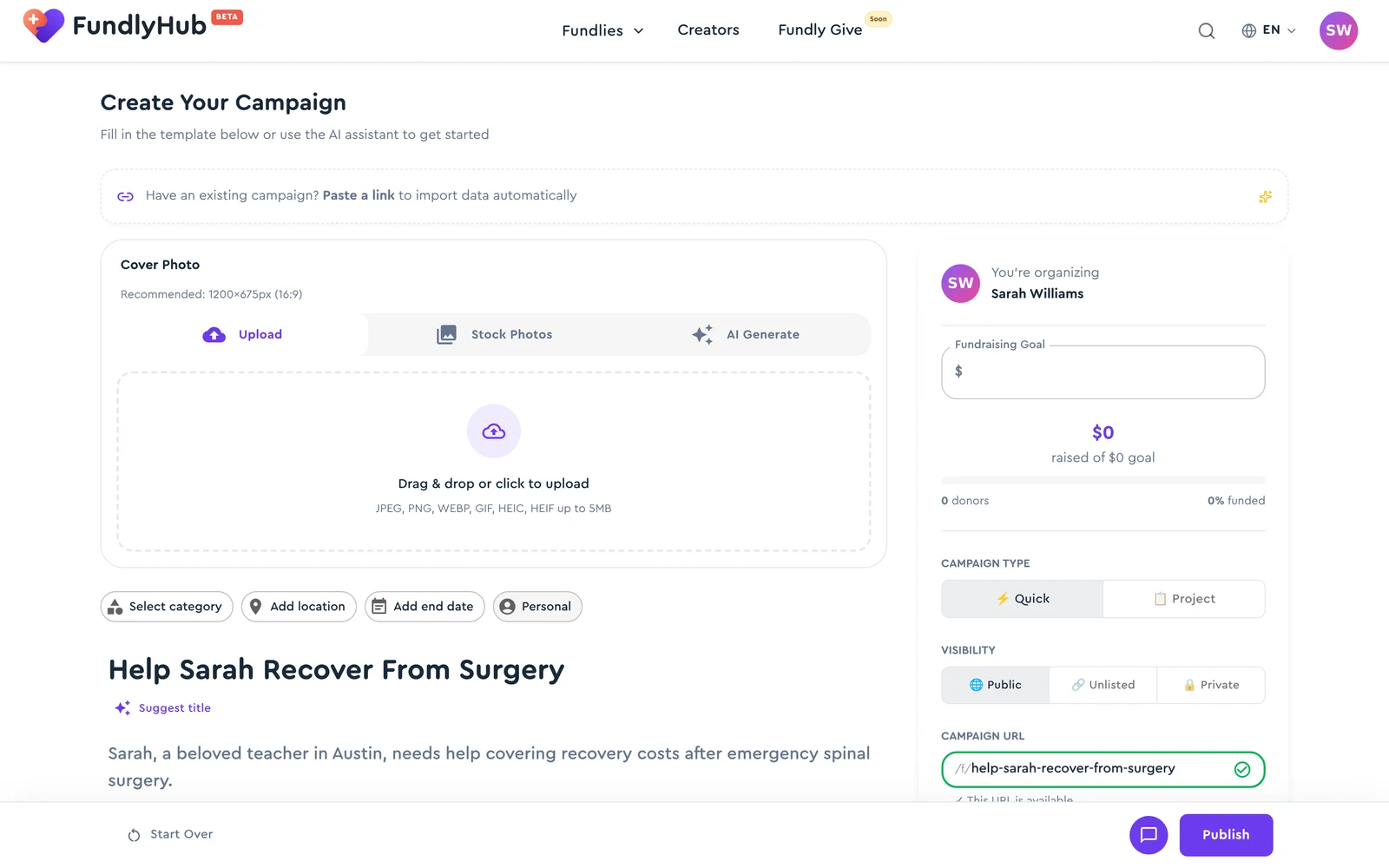 Builder with a campaign title and summary filled in, and the URL auto-generated