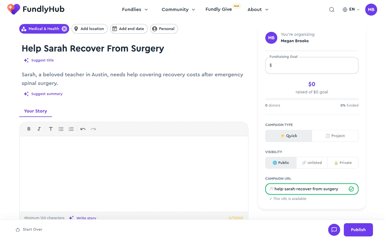 The builder with a title and summary filled in, the category detected and the campaign URL available