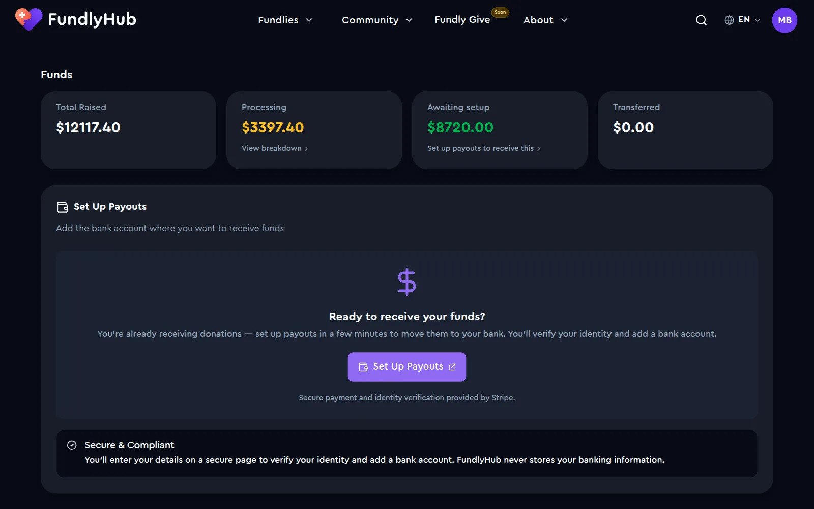 The Funds section with Total Raised, Processing, Awaiting setup and Transferred, and the Set Up Payouts card