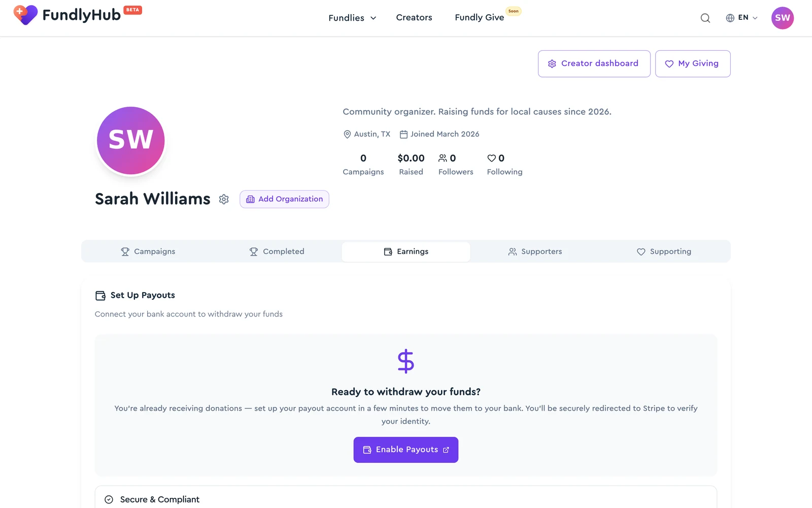 The Earnings tab with the Set Up Payouts card and Enable Payouts button