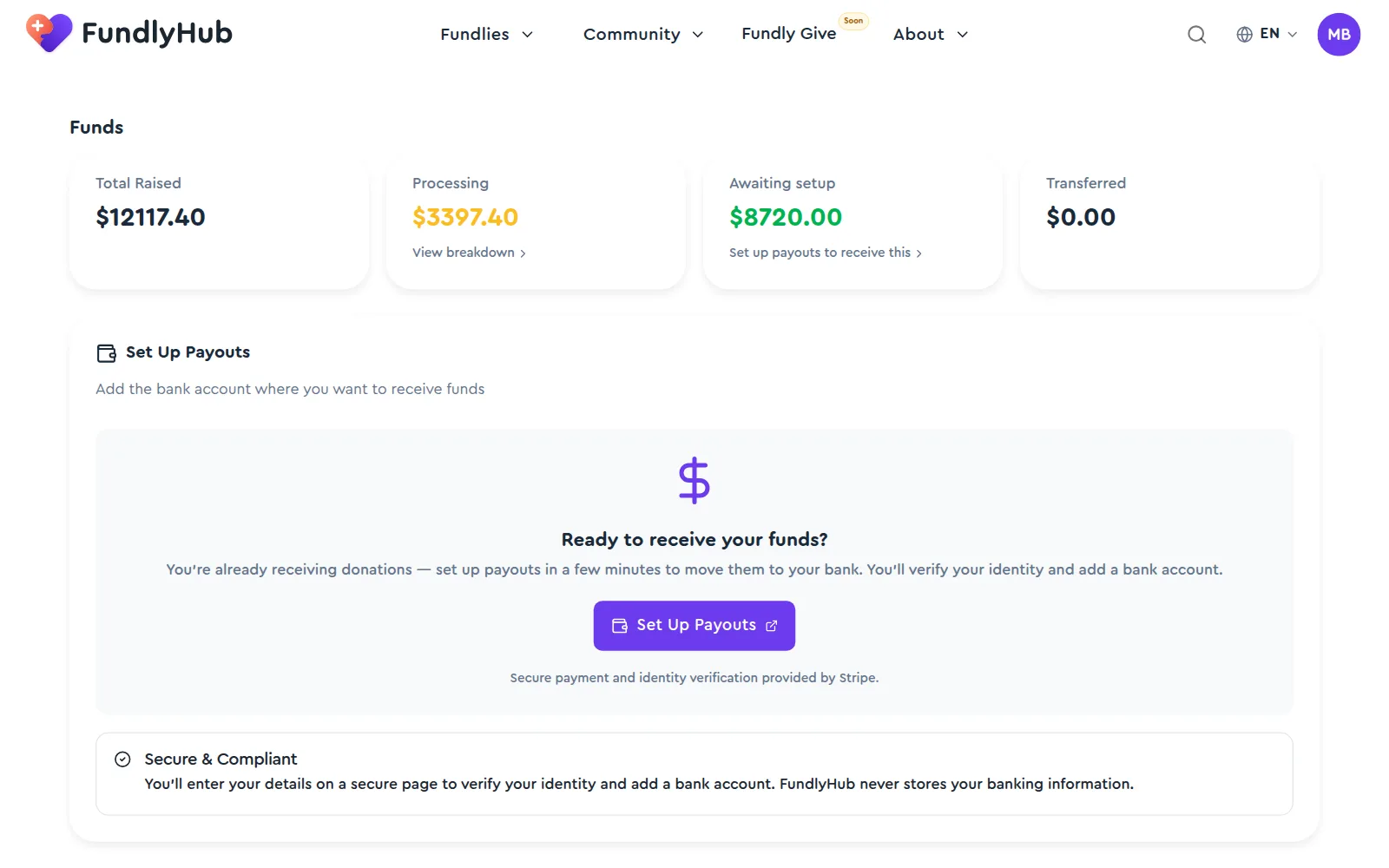 The Funds section with Total Raised, Processing, Awaiting setup and Transferred, and the Set Up Payouts card