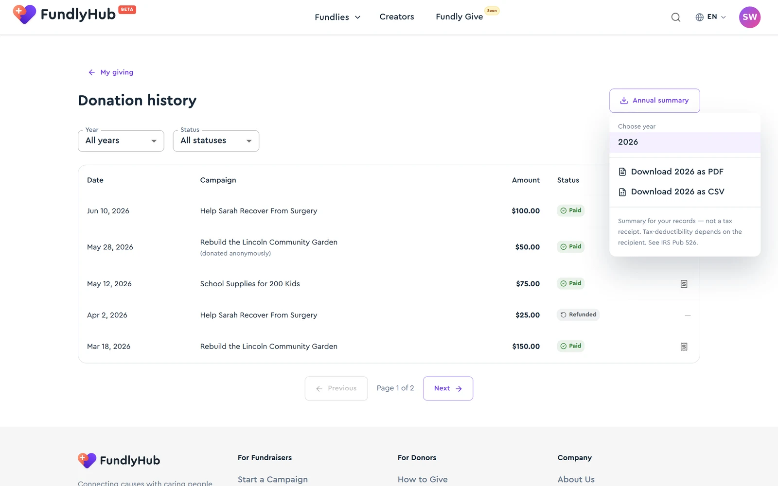The Annual summary menu with year selection and PDF/CSV download options