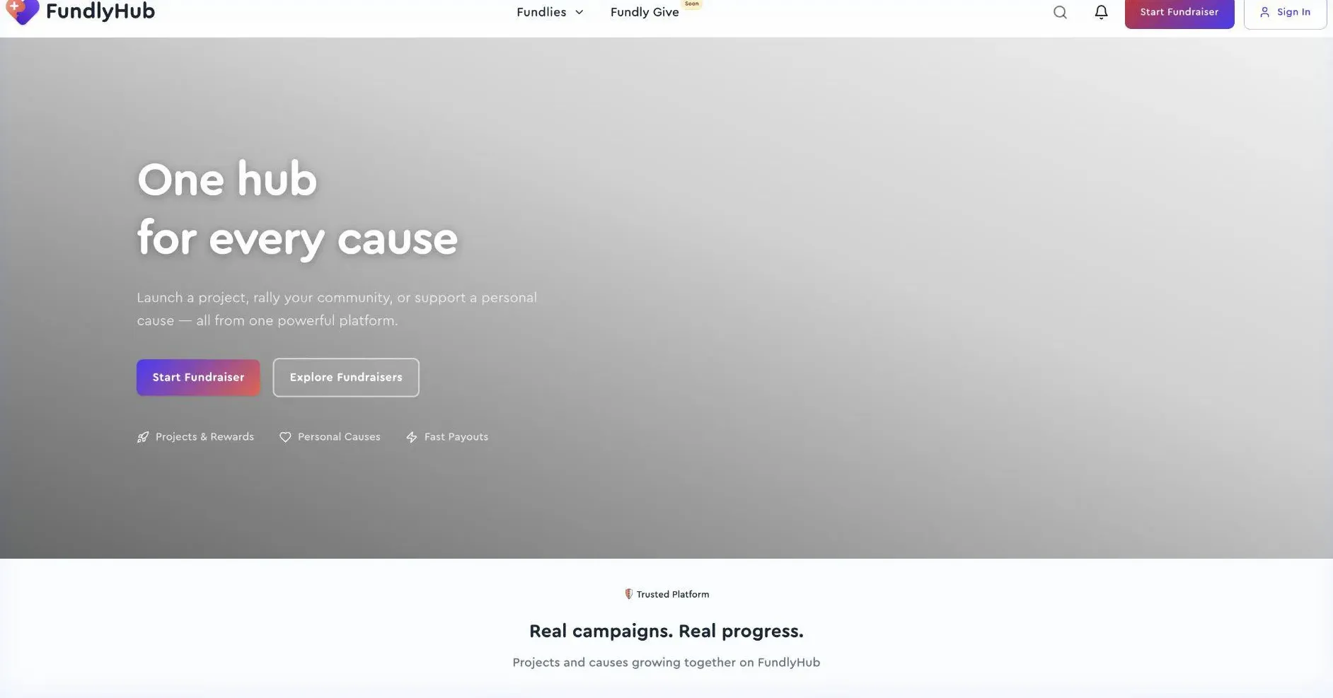 Animation showing clicking Start Fundraiser and navigating to the create page