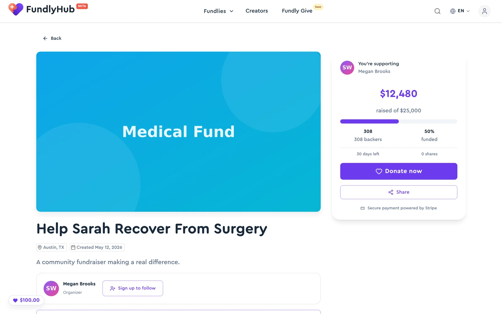 Una página de campaña con la historia, la barra de progreso y el botón Donate now