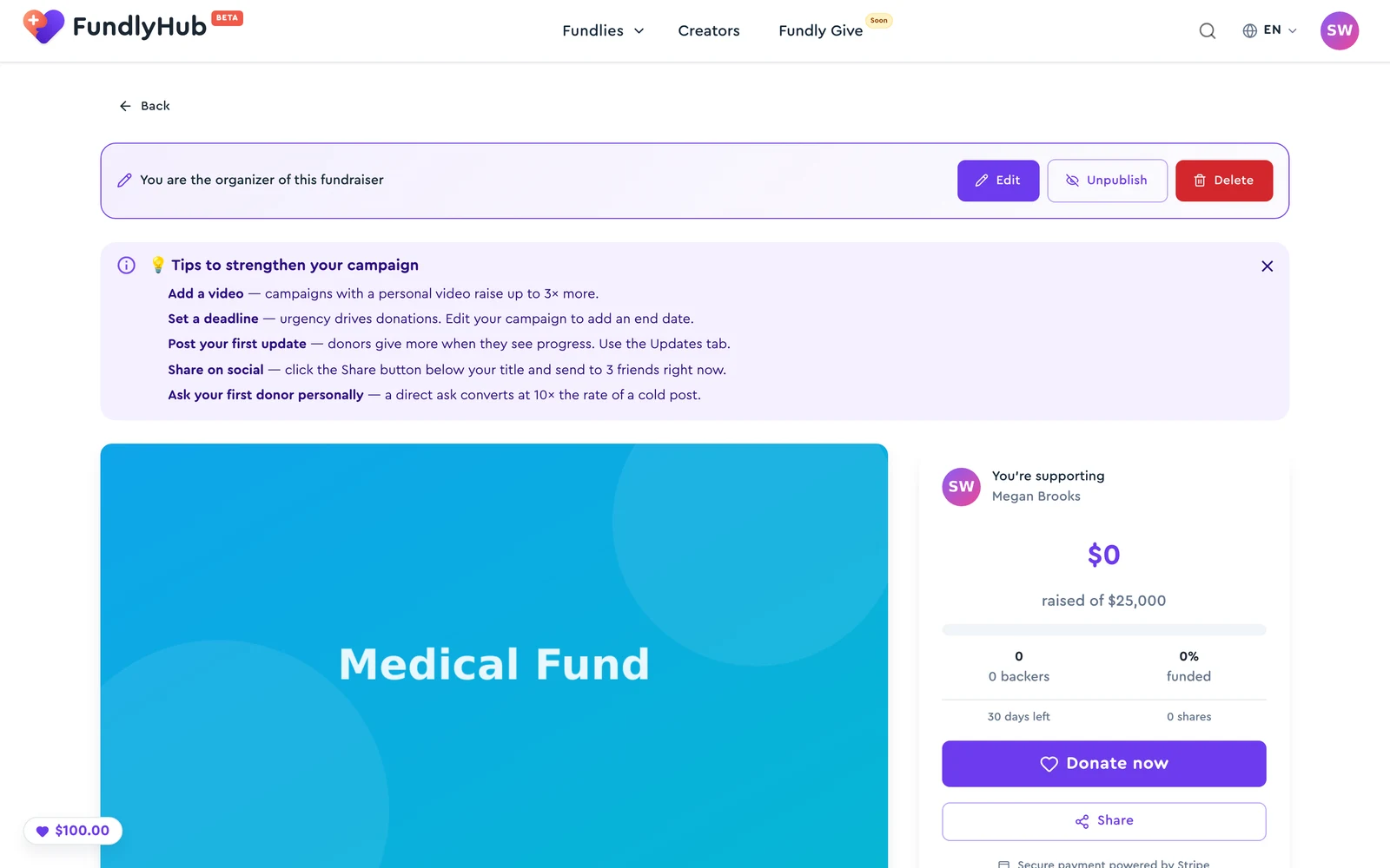 Organizer banner with Edit, Unpublish, and Delete buttons, plus campaign tips