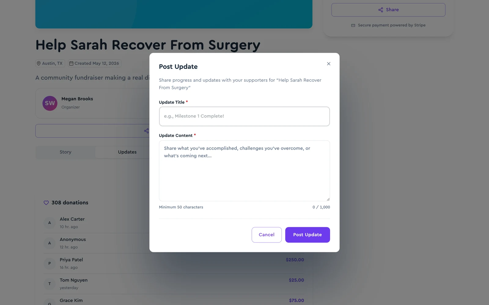 The Post Update dialog with title and content fields