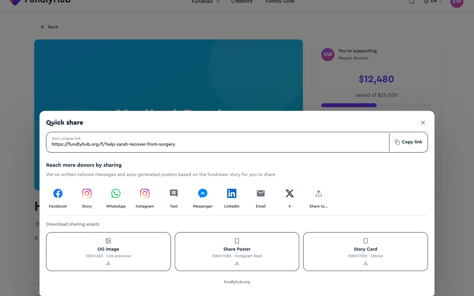 Quick share dialog with the unique link, social platforms, and downloadable assets