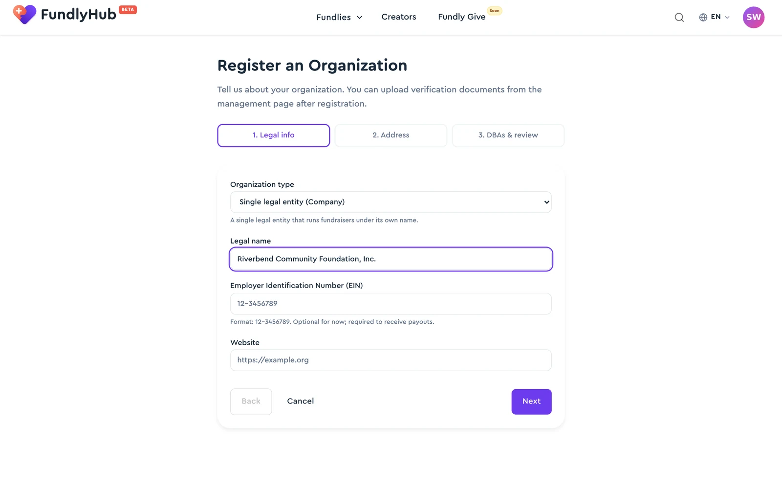 Paso 1 del asistente de registro: tipo de organización, nombre legal, EIN, sitio web