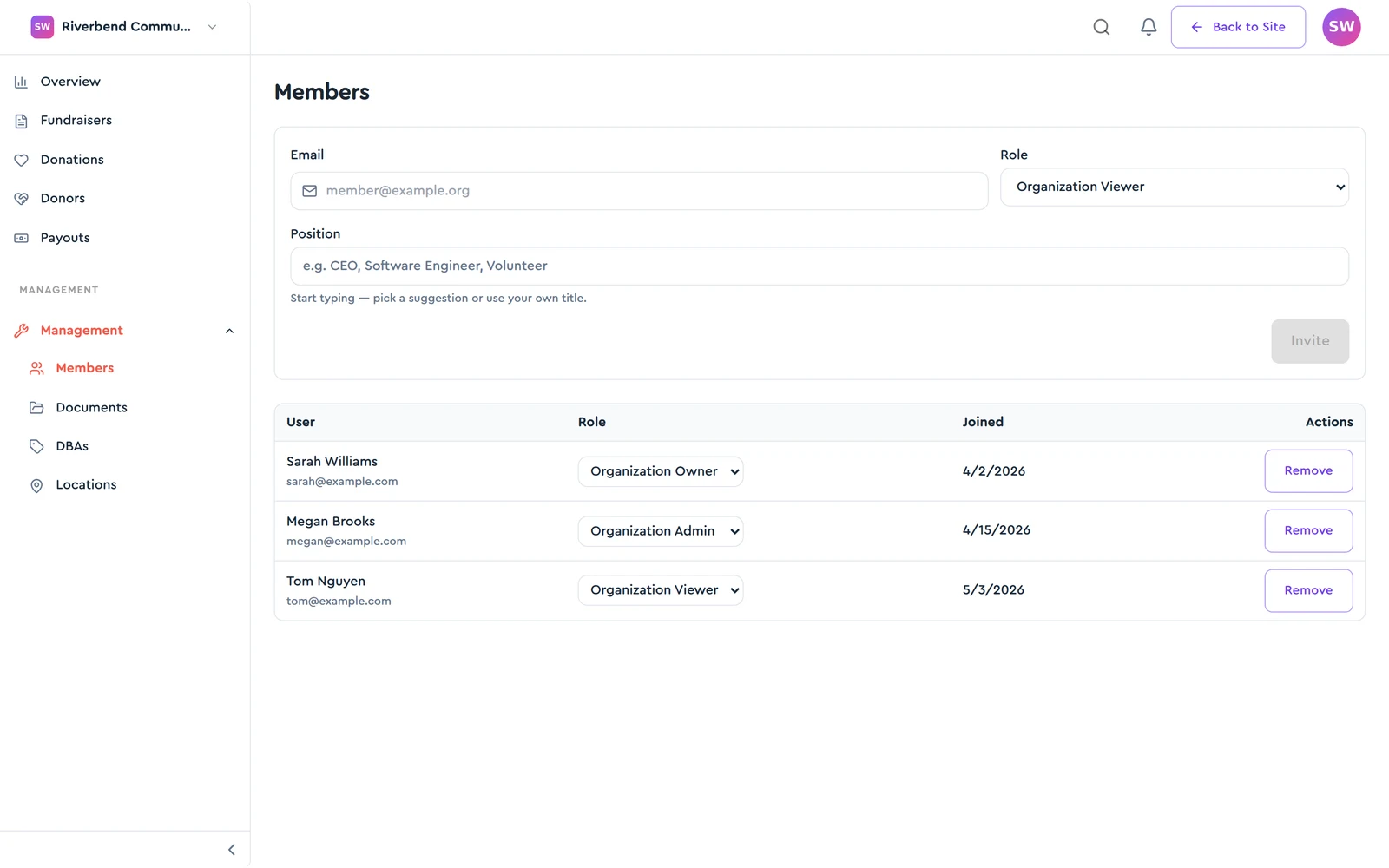 The Members page with the invite form and the member list with role dropdowns