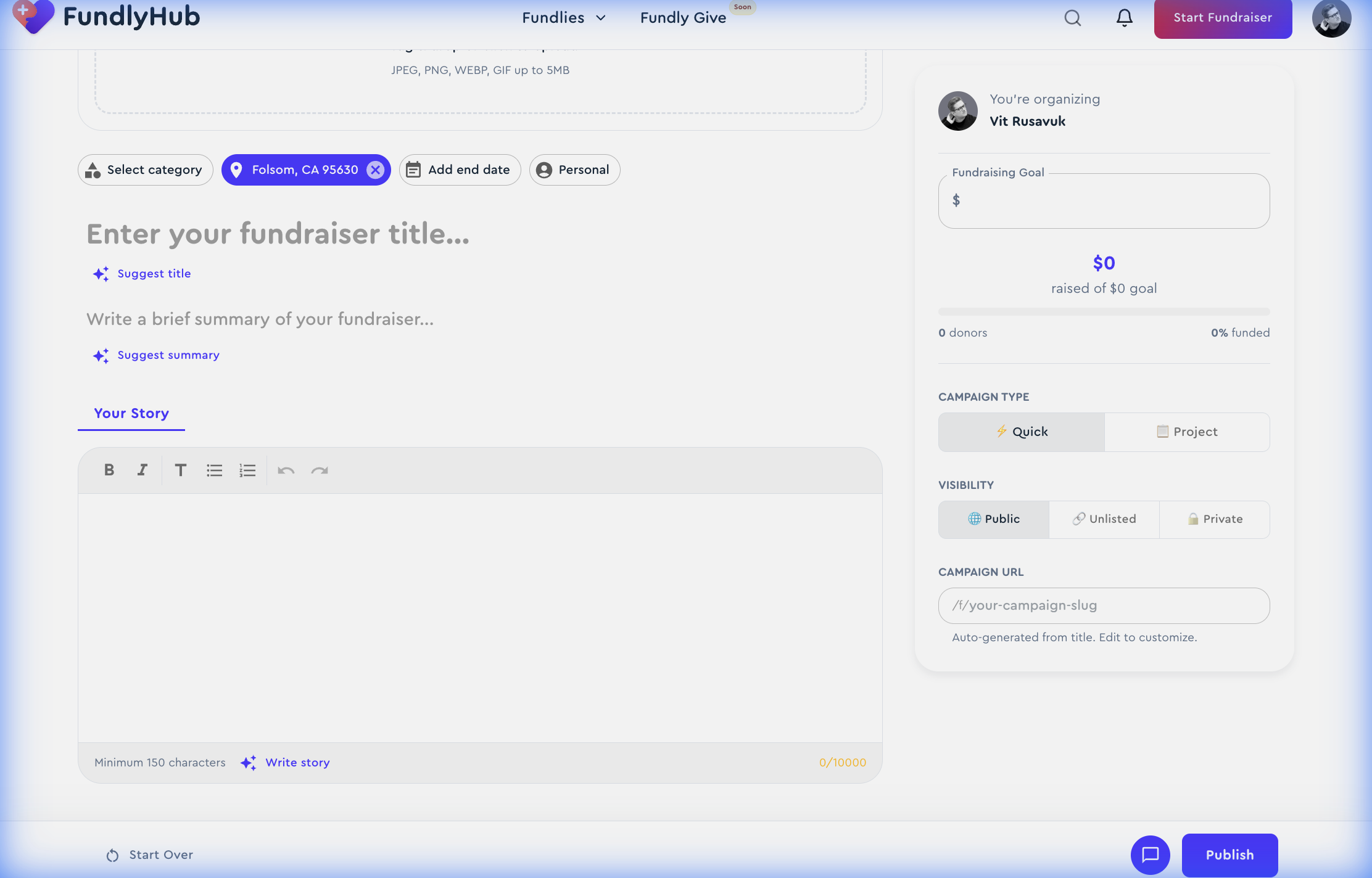 Bottom action bar showing Start Over, chat icon, and Publish button