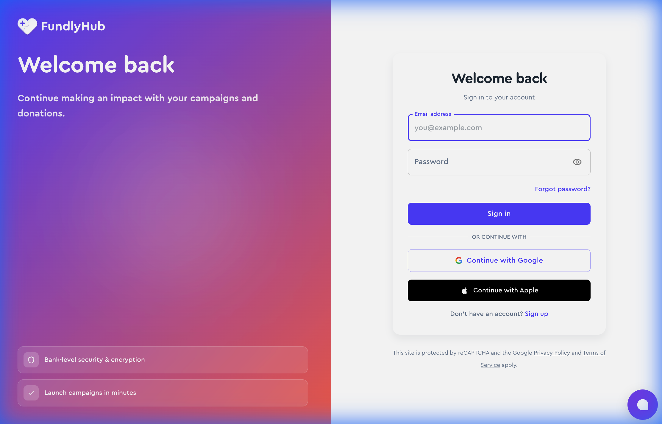 FundlyHub sign-in page with Google and Apple SSO options