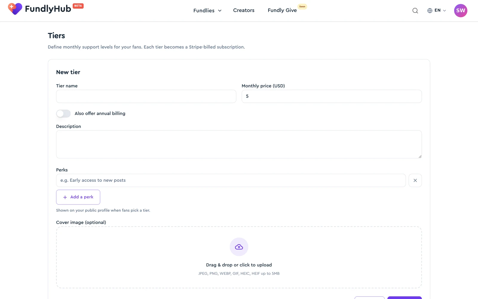 The tier editor with name, prices, description, perks, and cover image